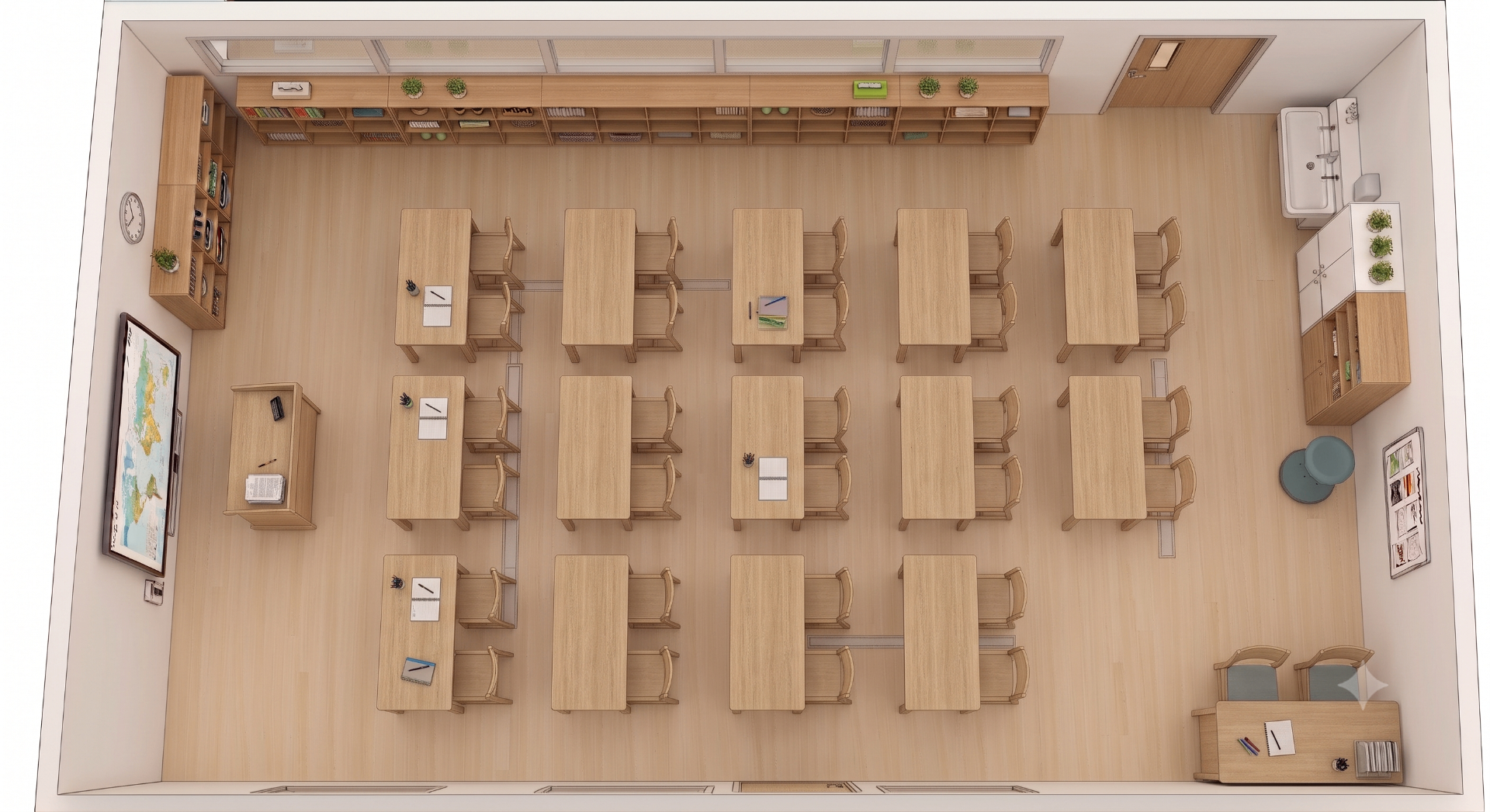 Herkömmlicher Klassenraum mit Reihenbestuhlung und Tafel